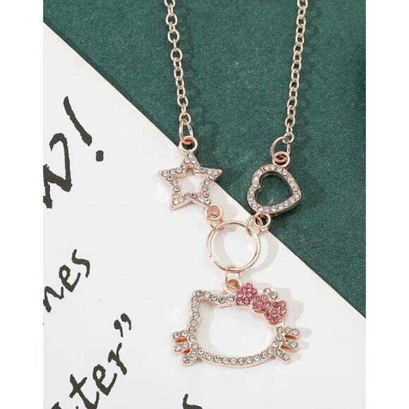 Hello Kitty Gold-Tone Rhinestone Necklace – Sparkling Pendant Charm with Chain - Picture 1 of 2
